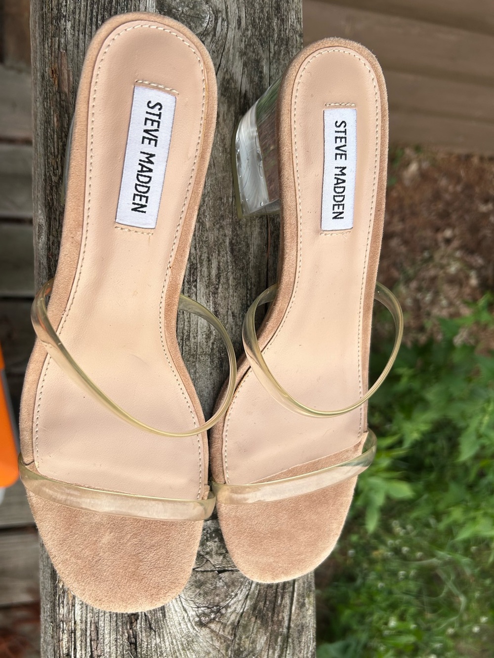 Steve Madden Clear Lucite Block Heel Strappy Sandals Nude 8.5 Y2K event neutral - Picture 12 of 14